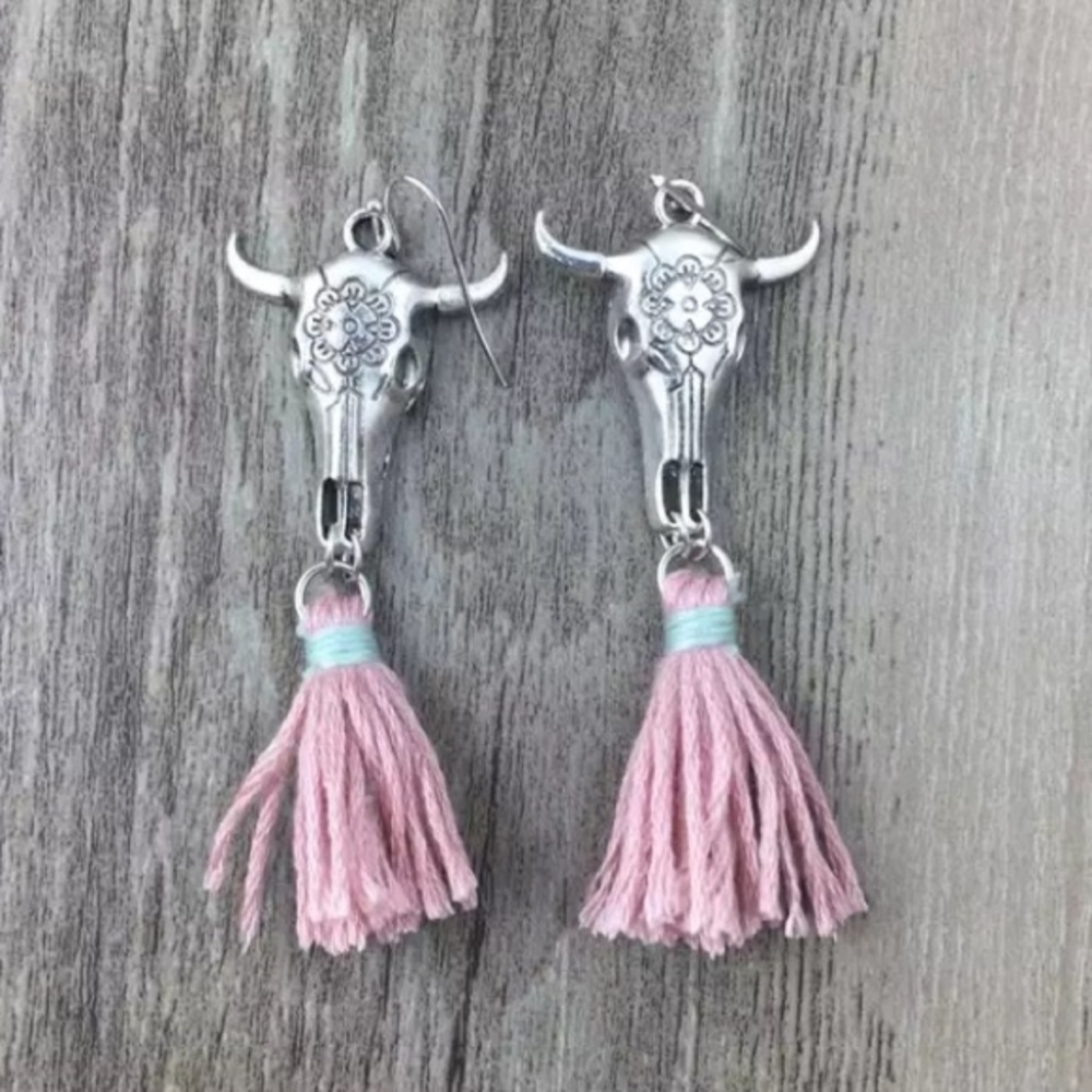 Cow Skull Tassel Boho Earrings Taurus - Picture 4 of 6
